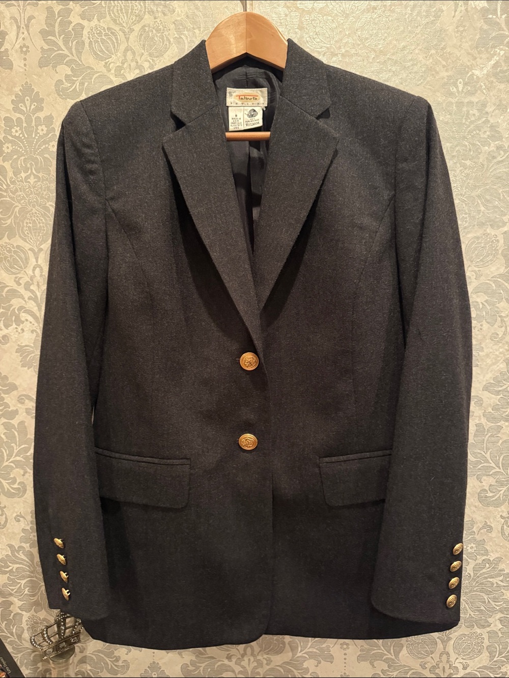 Vintage Talbots Petites 100% Pure Wool Blazer Charcoal Grey Gold Button 8P